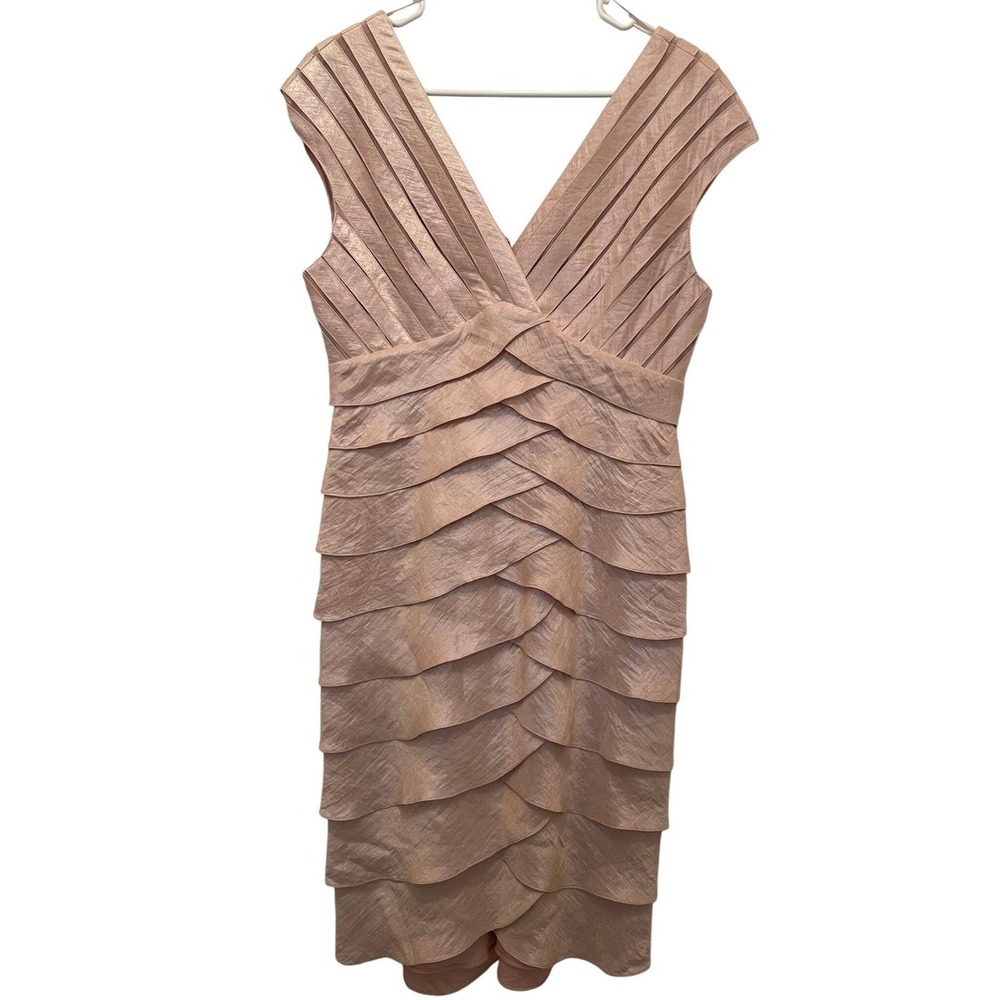 Adrianna Papell Pink Tiered Ruffle Sleeveless V Neck Sheath Dress Women‎ Size 10